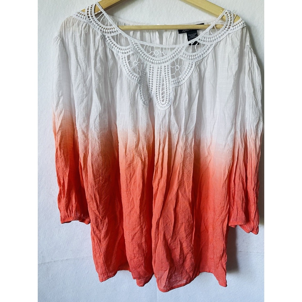 Ashley Stewart Ombre Top Plus Size 18/20 Crochet Lightweight Orange 3/4 Sleeve